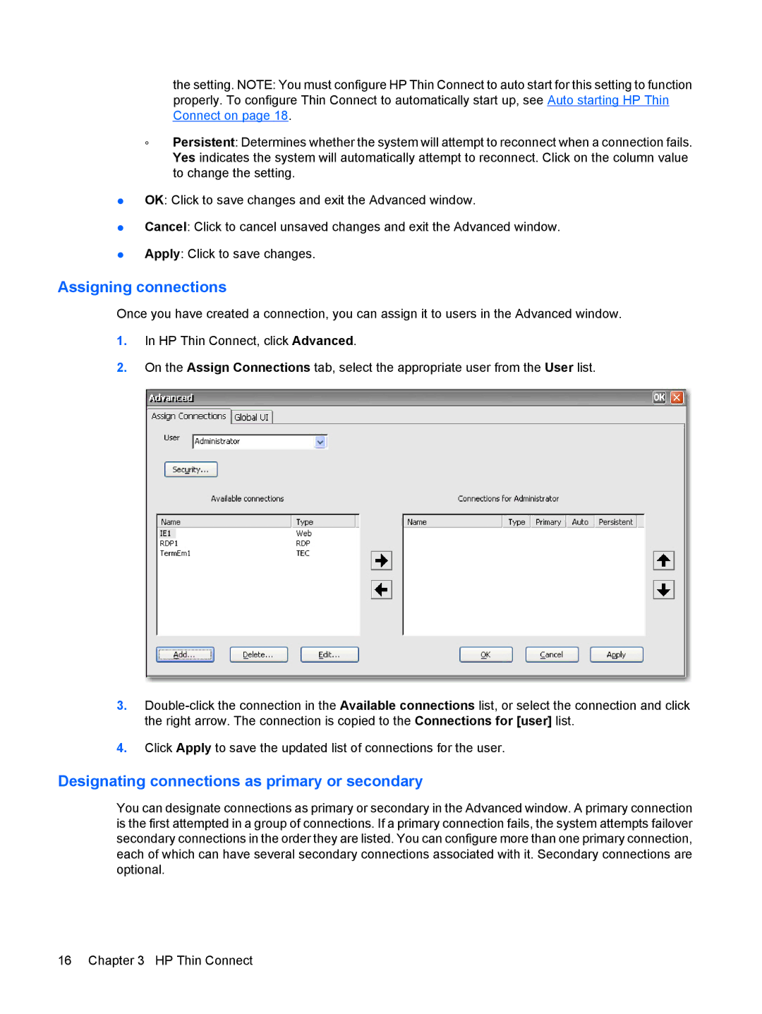 HP Windows CE 5.0, t5530 manual Assigning connections 