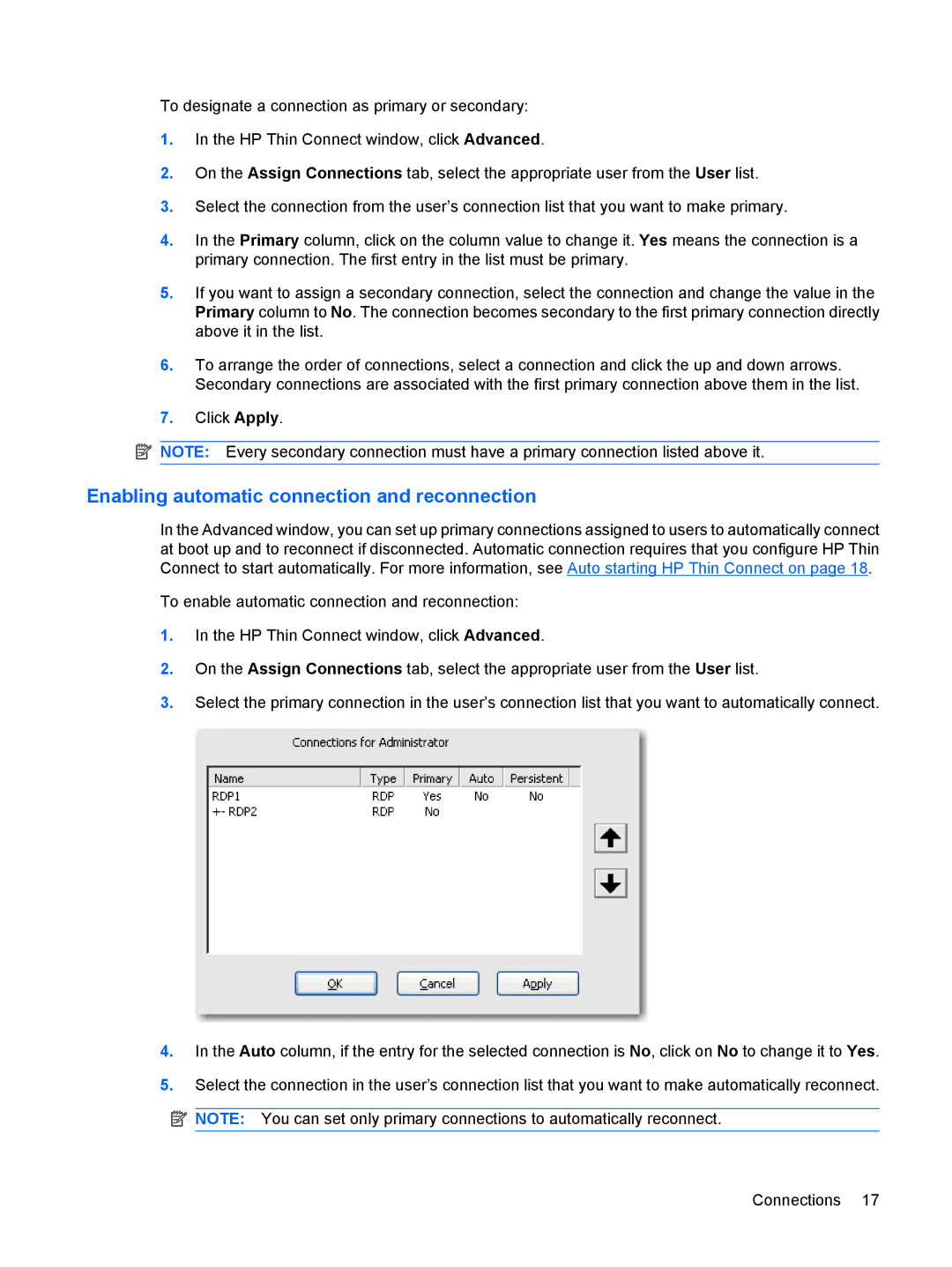 HP t5530, Windows CE 5.0 manual Enabling automatic connection and reconnection 