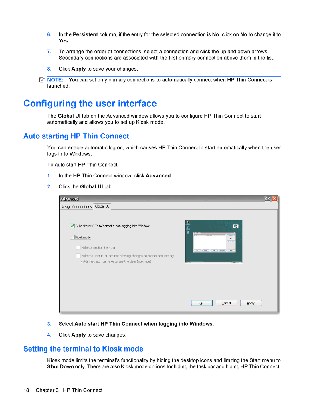 HP Windows CE 5.0, t5530 Configuring the user interface, Auto starting HP Thin Connect, Setting the terminal to Kiosk mode 