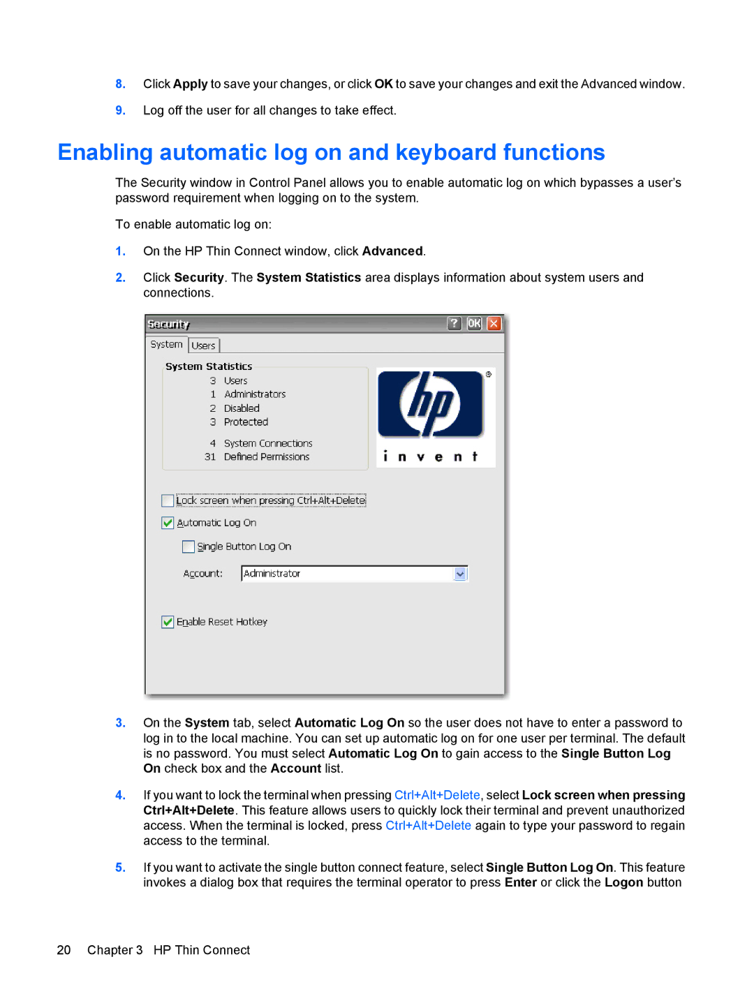 HP Windows CE 5.0, t5530 manual Enabling automatic log on and keyboard functions 