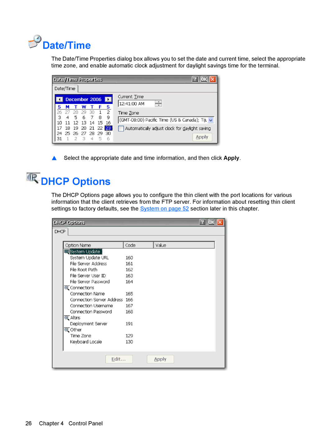 HP Windows CE 5.0, t5530 manual Date/Time, Dhcp Options 