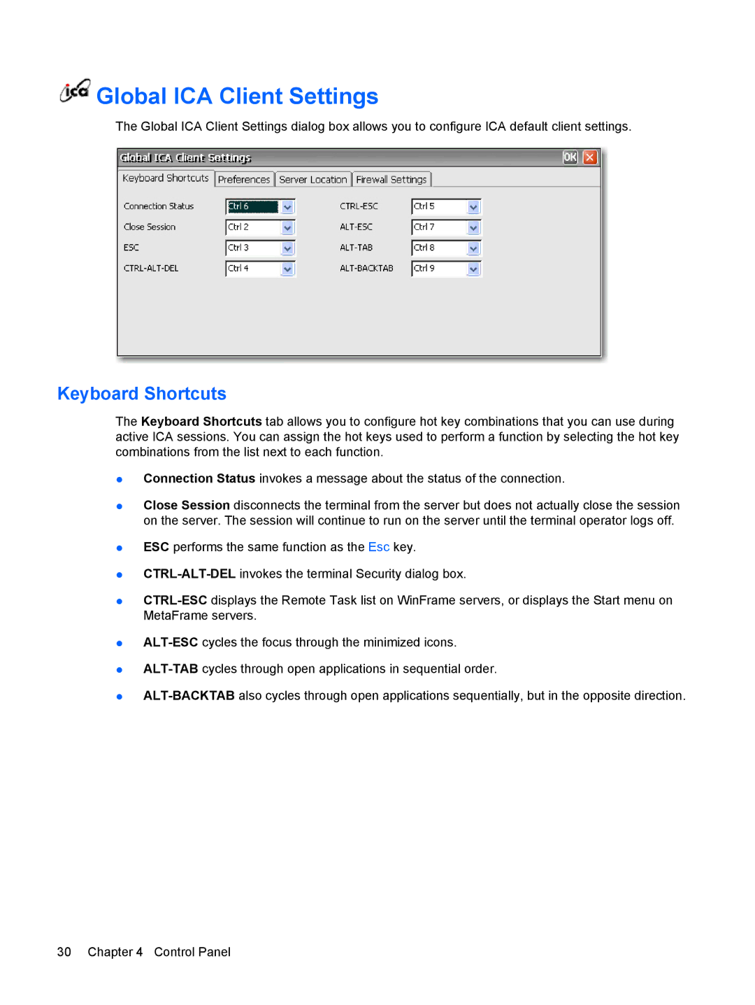 HP Windows CE 5.0, t5530 manual Global ICA Client Settings, Keyboard Shortcuts 