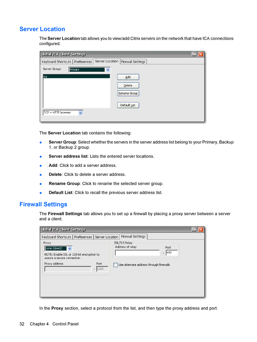 HP Windows CE 5.0, t5530 manual Server Location, Firewall Settings 