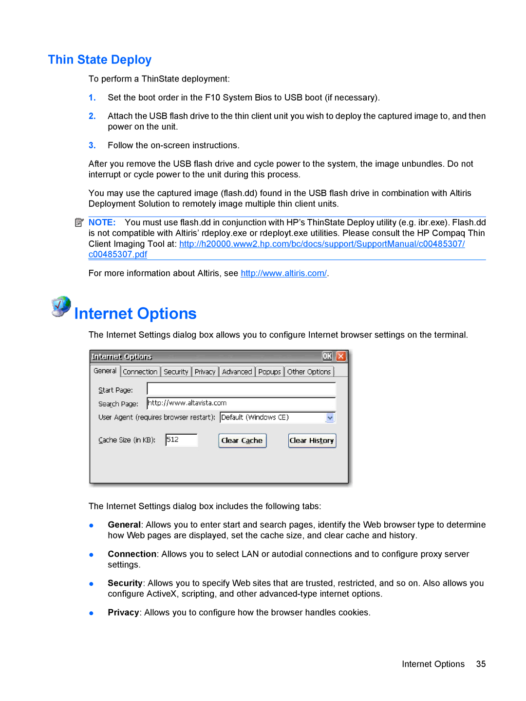 HP t5530, Windows CE 5.0 manual Internet Options, Thin State Deploy 