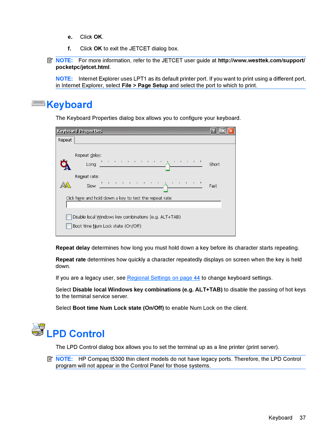 HP t5530, Windows CE 5.0 manual Keyboard, LPD Control 