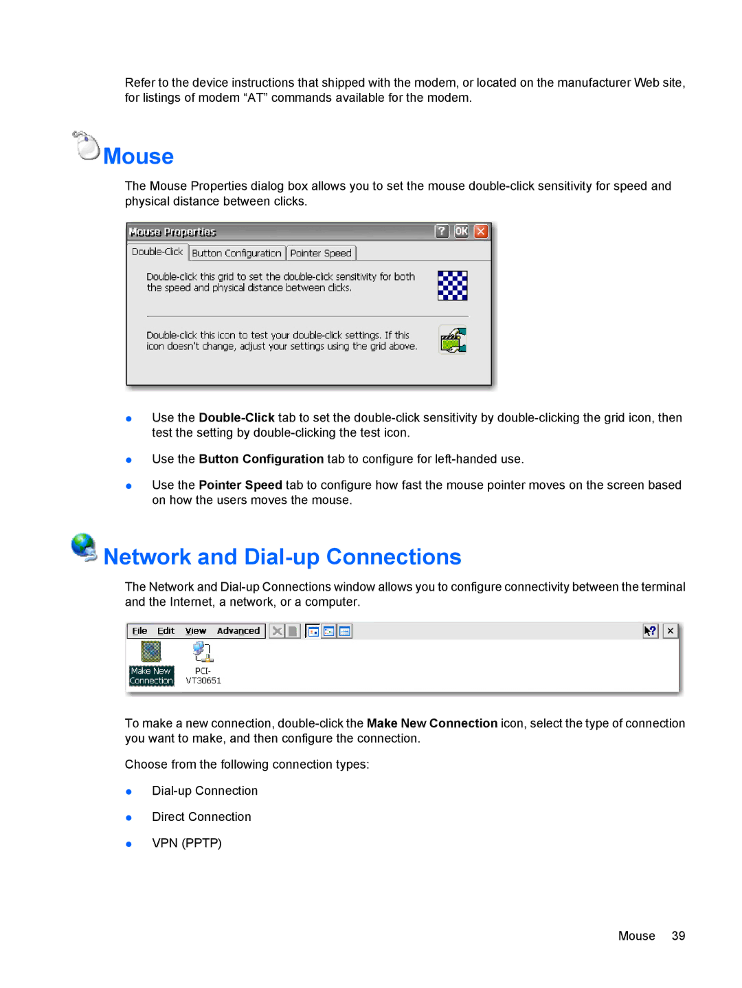 HP t5530, Windows CE 5.0 manual Mouse, Network and Dial-up Connections 