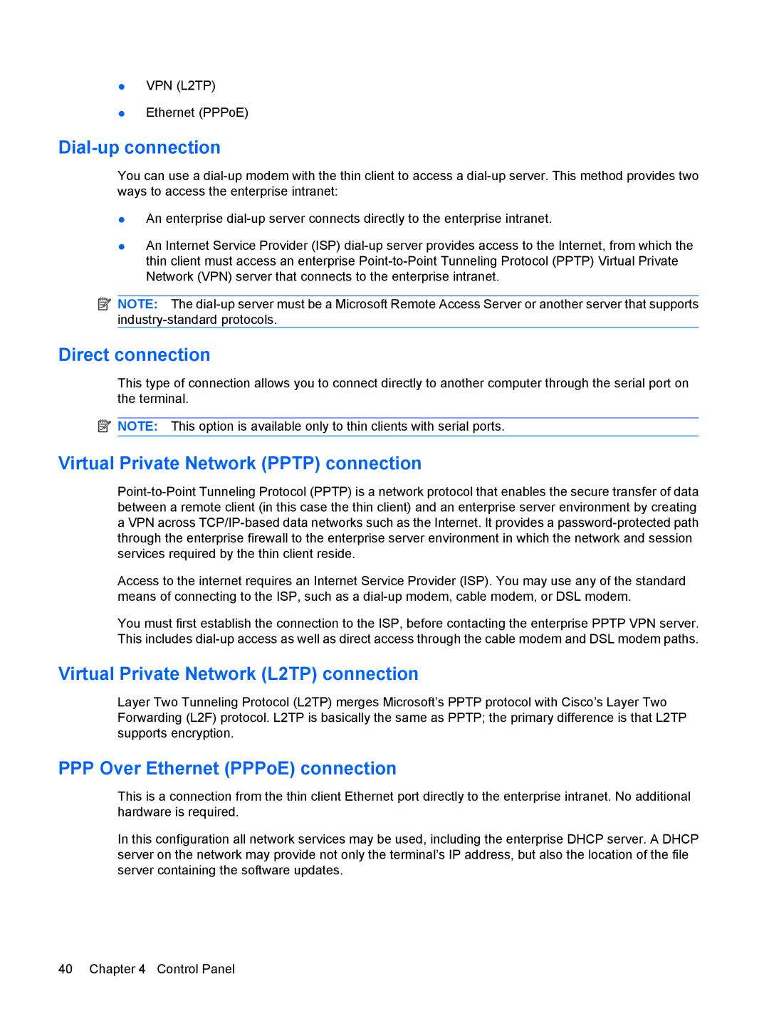 HP Windows CE 5.0, t5530 manual Dial-up connection, Direct connection, Virtual Private Network Pptp connection 