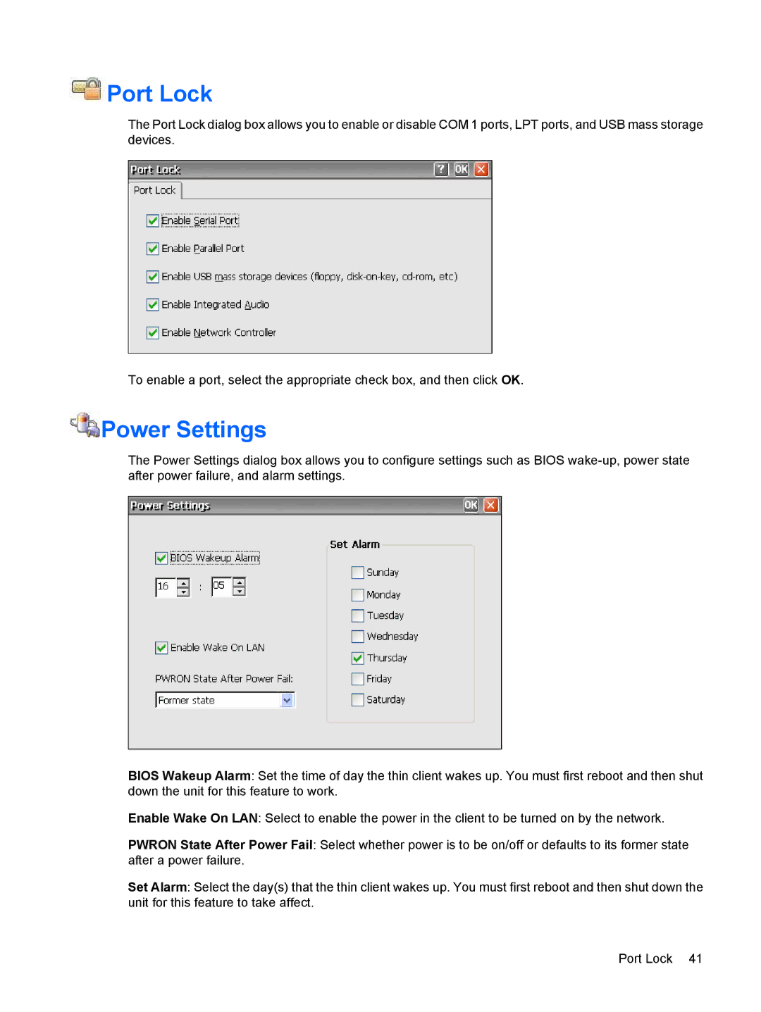 HP t5530, Windows CE 5.0 manual Port Lock, Power Settings 