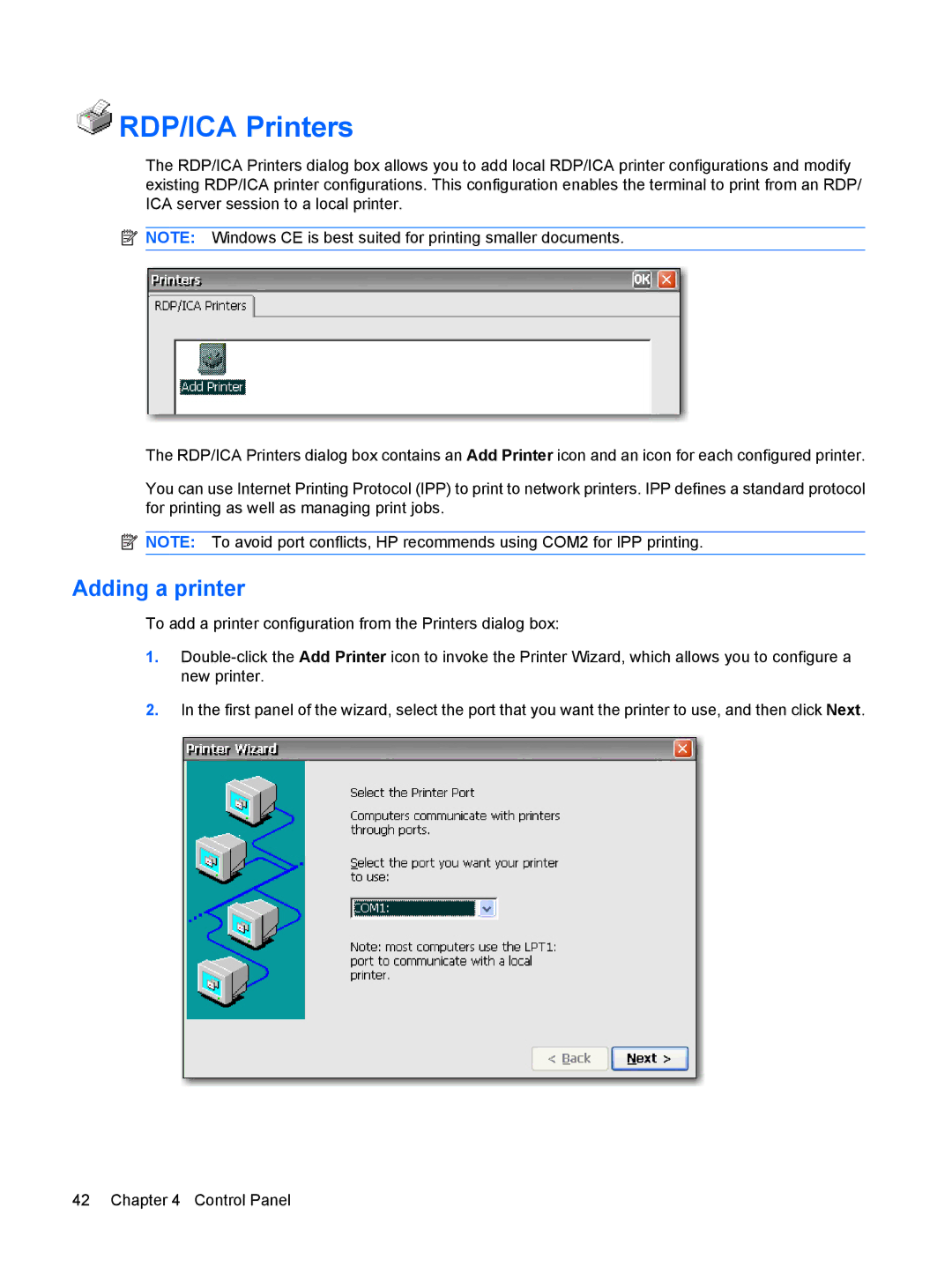 HP Windows CE 5.0, t5530 manual RDP/ICA Printers, Adding a printer 