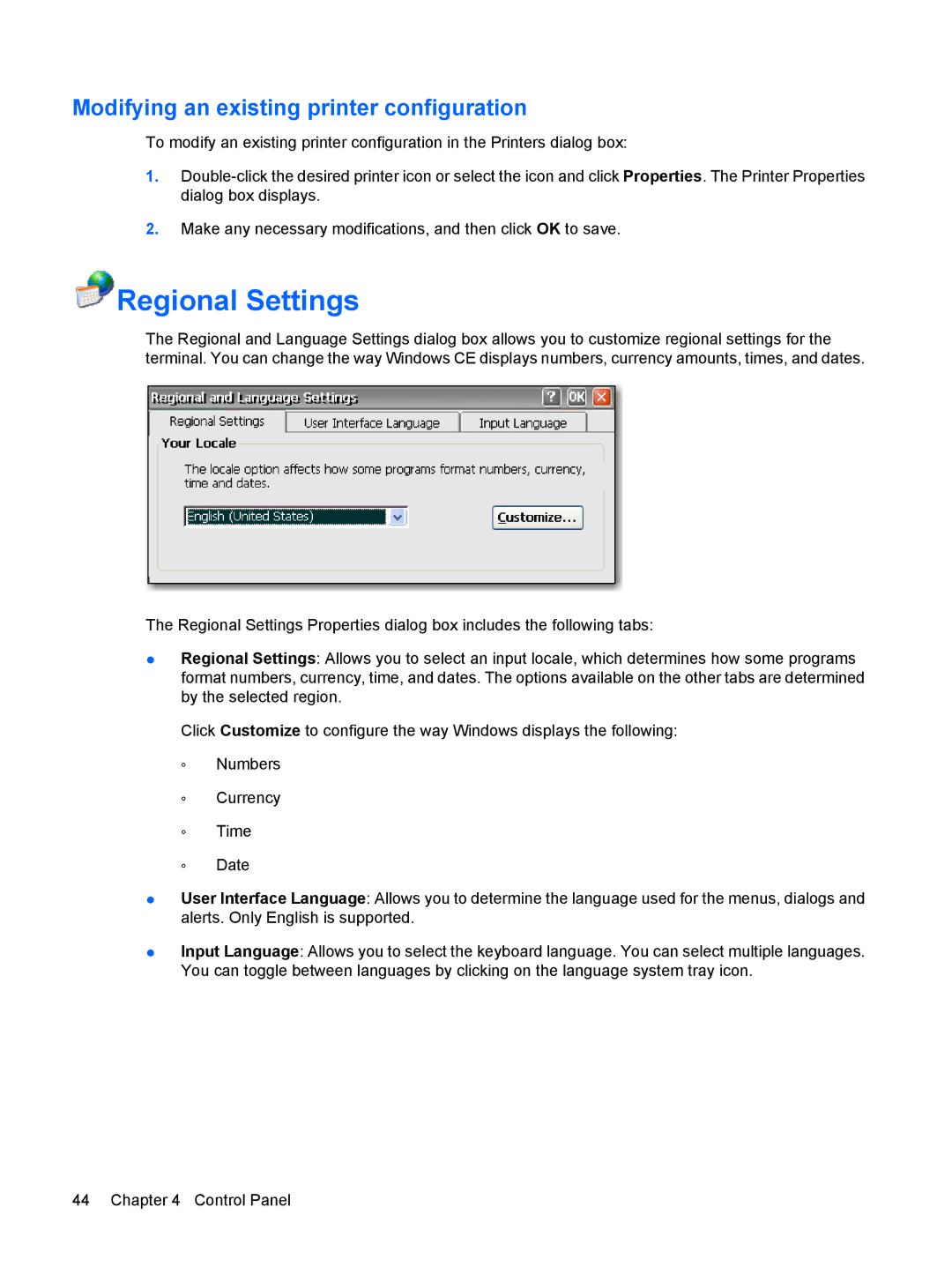 HP Windows CE 5.0, t5530 manual Regional Settings, Modifying an existing printer configuration 