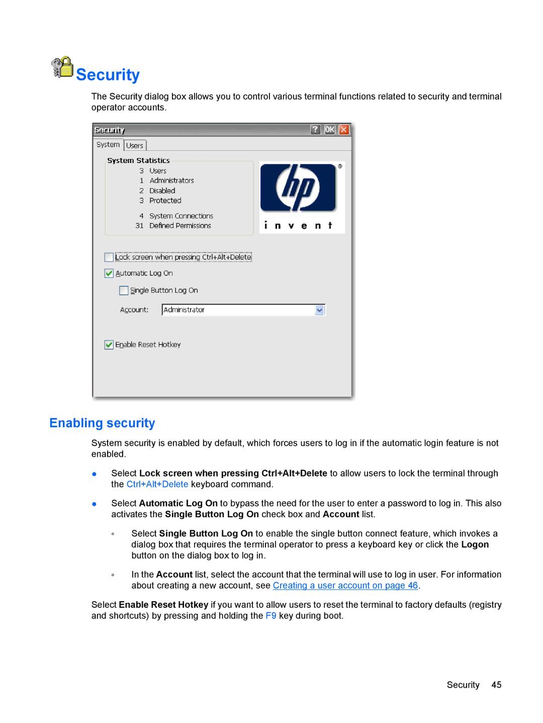 HP t5530, Windows CE 5.0 manual Security, Enabling security 