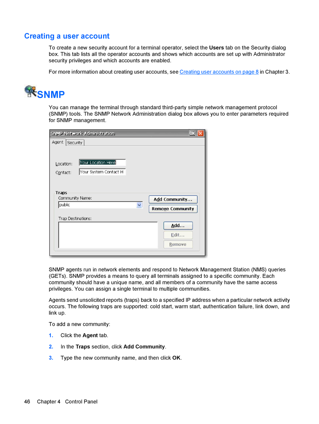 HP Windows CE 5.0, t5530 manual Snmp, Creating a user account 