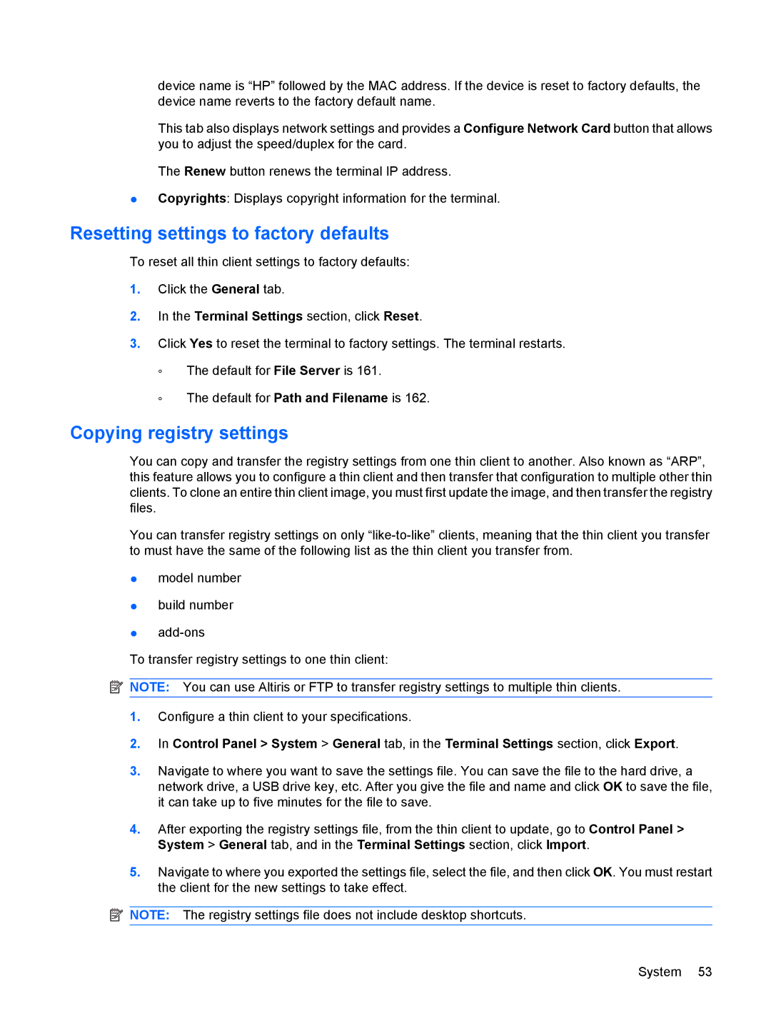 HP t5530, Windows CE 5.0 manual Resetting settings to factory defaults, Copying registry settings 