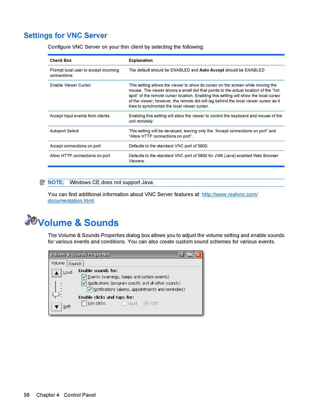 HP Windows CE 5.0, t5530 manual Volume & Sounds, Settings for VNC Server 