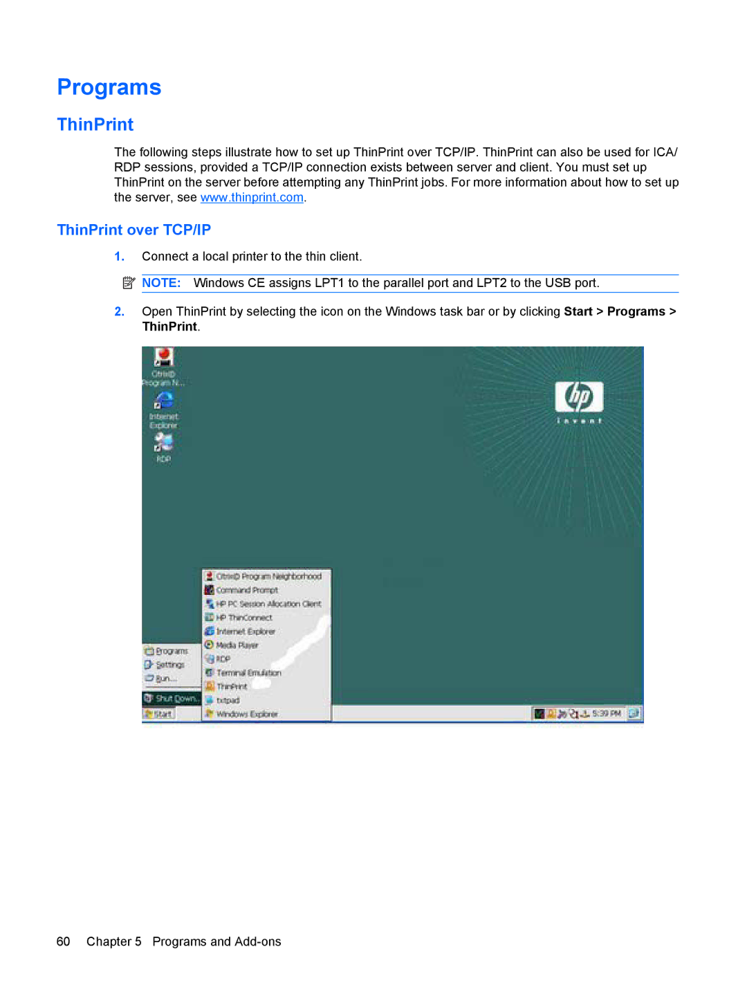 HP Windows CE 5.0, t5530 manual Programs, ThinPrint 