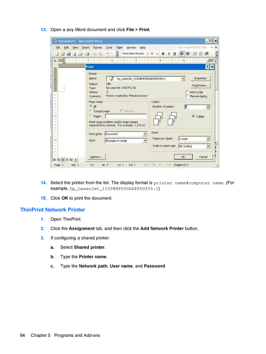 HP Windows CE 5.0, t5530 manual ThinPrint Network Printer 