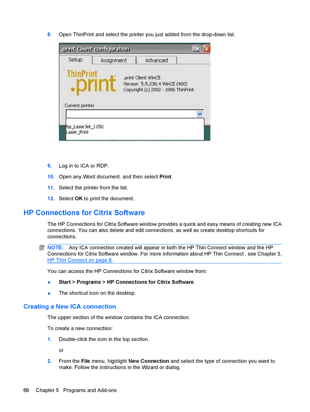 HP Windows CE 5.0, t5530 manual HP Connections for Citrix Software, Creating a New ICA connection 