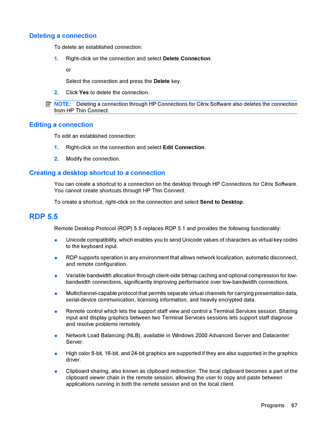 HP t5530, Windows CE 5.0 manual Rdp, Deleting a connection 