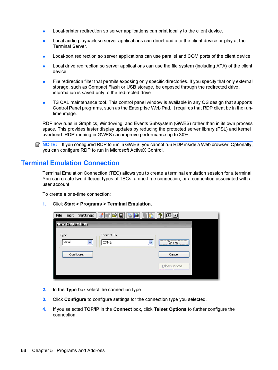 HP Windows CE 5.0, t5530 manual Terminal Emulation Connection, Click Start Programs Terminal Emulation 