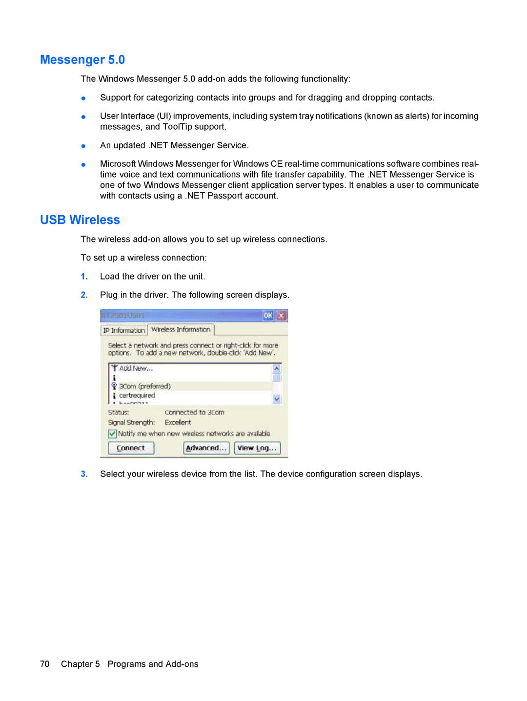 HP Windows CE 5.0, t5530 manual Messenger, USB Wireless 