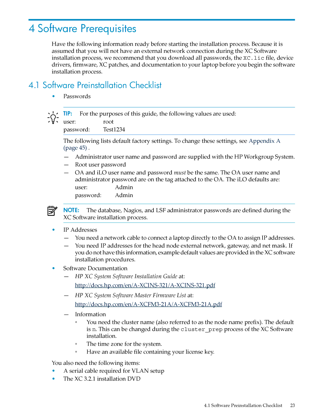 HP Workgroup System AWSXCIG-1A manual Software Prerequisites, Software Preinstallation Checklist 