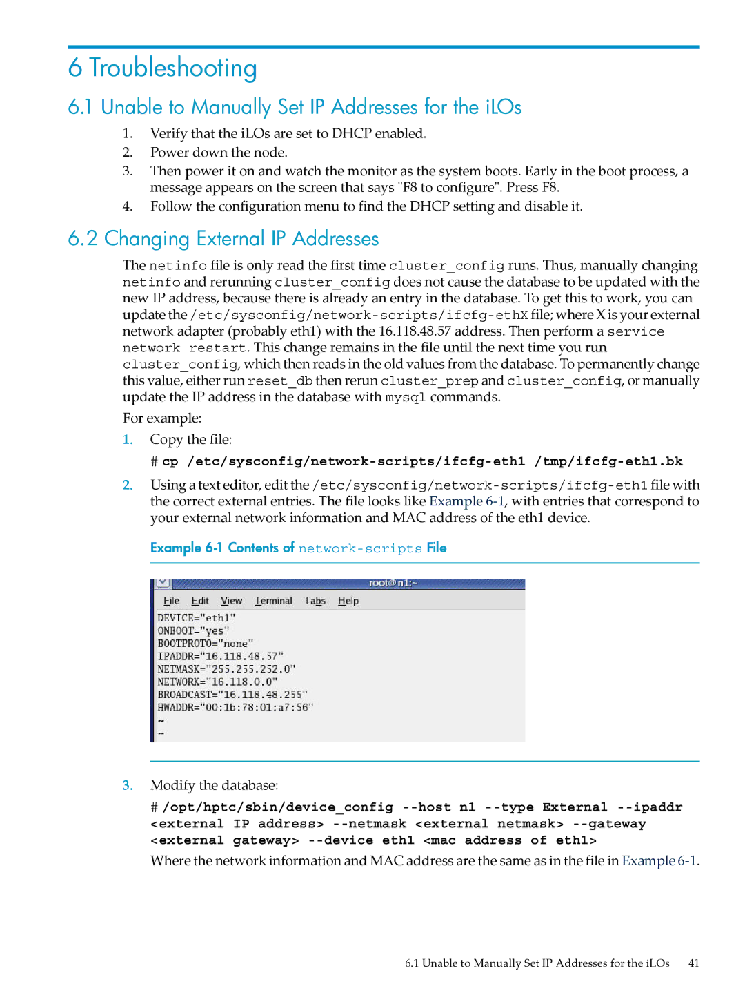 HP Workgroup System AWSXCIG-1A Troubleshooting, Unable to Manually Set IP Addresses for the iLOs, Modify the database 