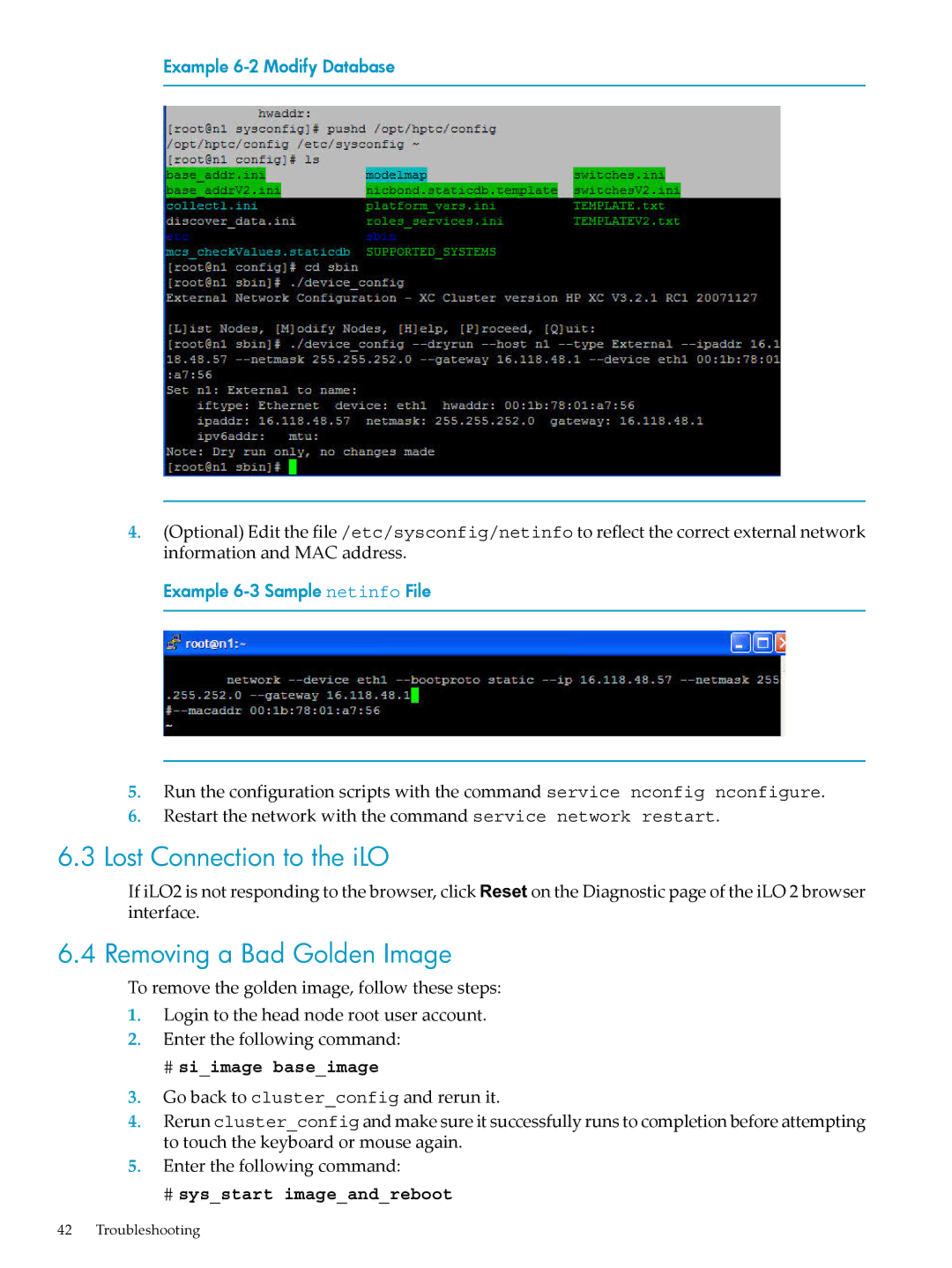 HP Workgroup System AWSXCIG-1A manual Lost Connection to the iLO, Removing a Bad Golden Image, # siimage baseimage 