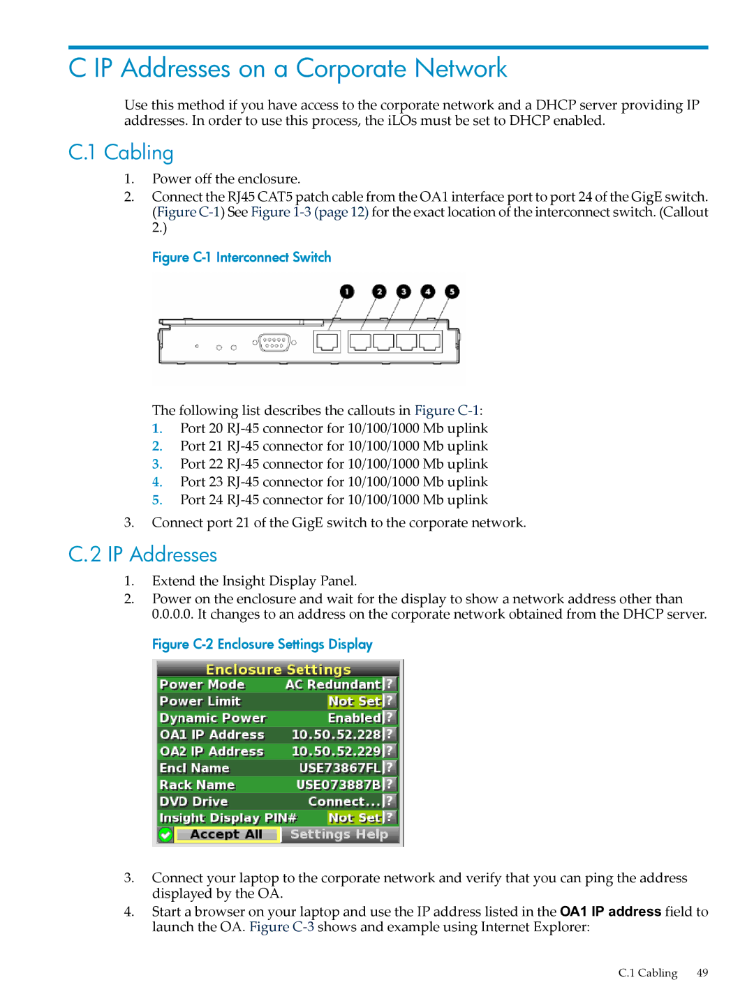 HP Workgroup System AWSXCIG-1A manual IP Addresses on a Corporate Network, Cabling, Extend the Insight Display Panel 