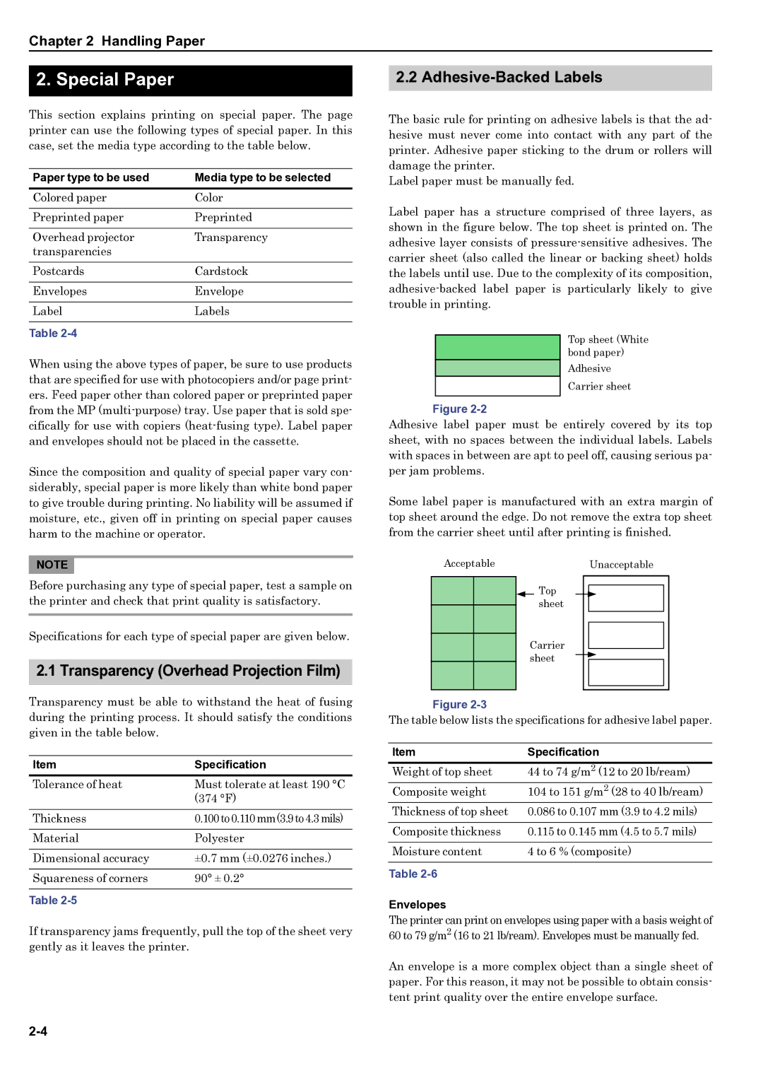 HP WP36/50 manual Special Paper, Transparency Overhead Projection Film, Adhesive-Backed Labels, Envelopes 