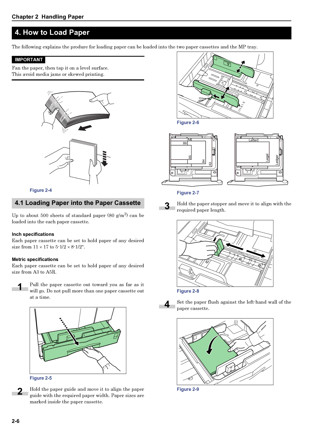 HP WP36/50 manual How to Load Paper, Loading Paper into the Paper Cassette, Inch specifications, Metric specifications 