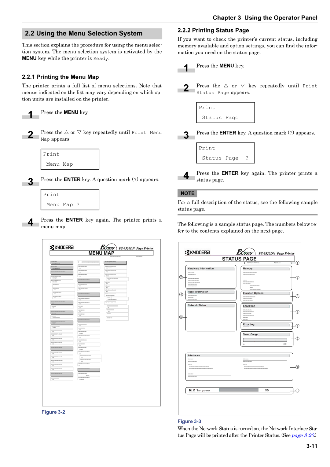 HP WP36/50 manual Using the Menu Selection System, Printing the Menu Map, Printing Status 