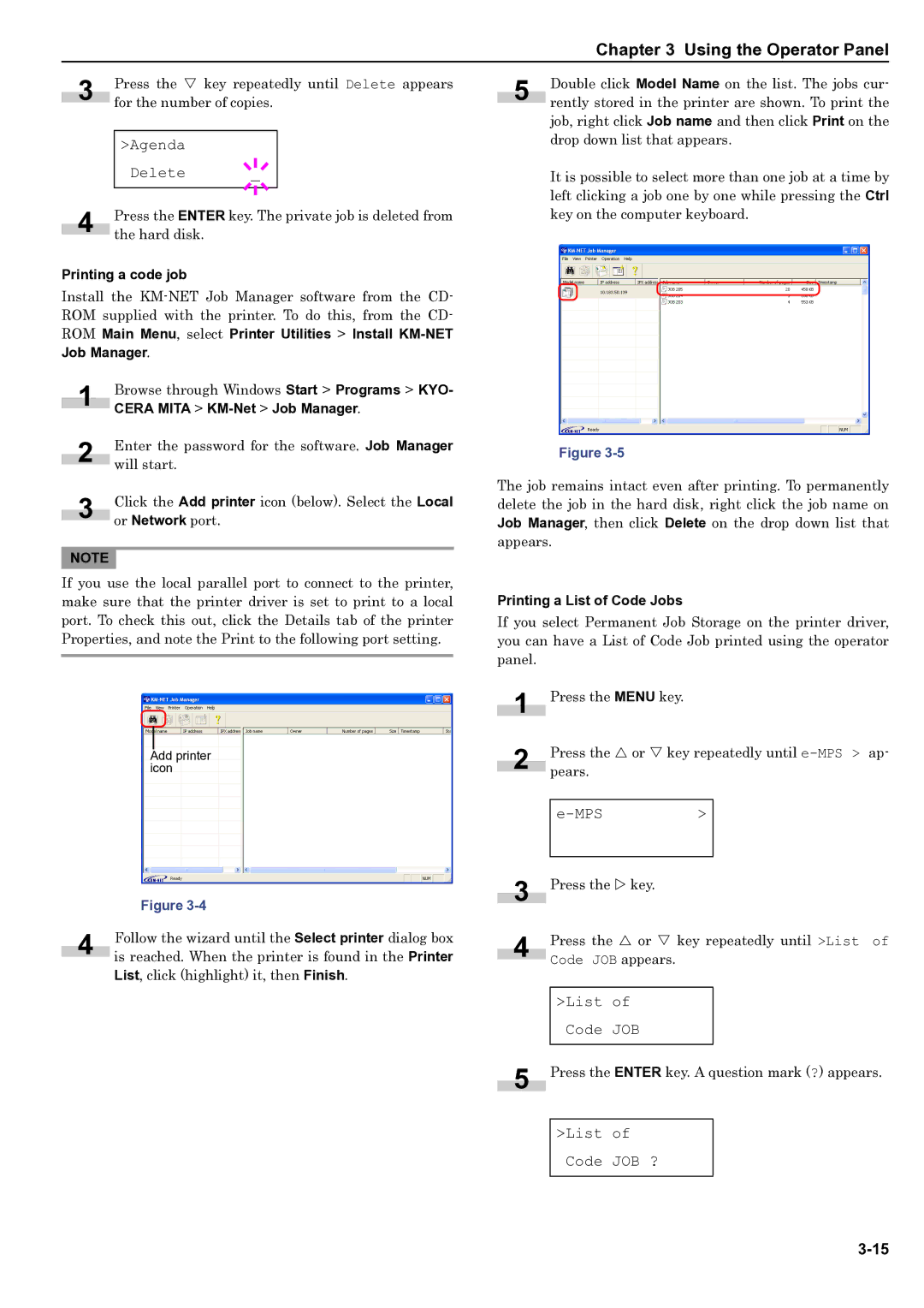 HP WP36/50 manual Agenda Delete, List Code JOB ?, Cera Mita KM-Net Job Manager, Printing a List of Code Jobs 