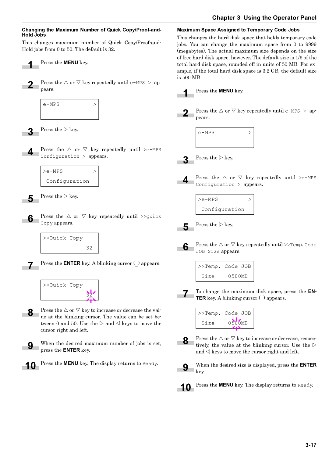 HP WP36/50 manual MPS Configuration, Quick Copy, Temp. Code JOB Size 0500MB, Maximum Space Assigned to Temporary Code Jobs 