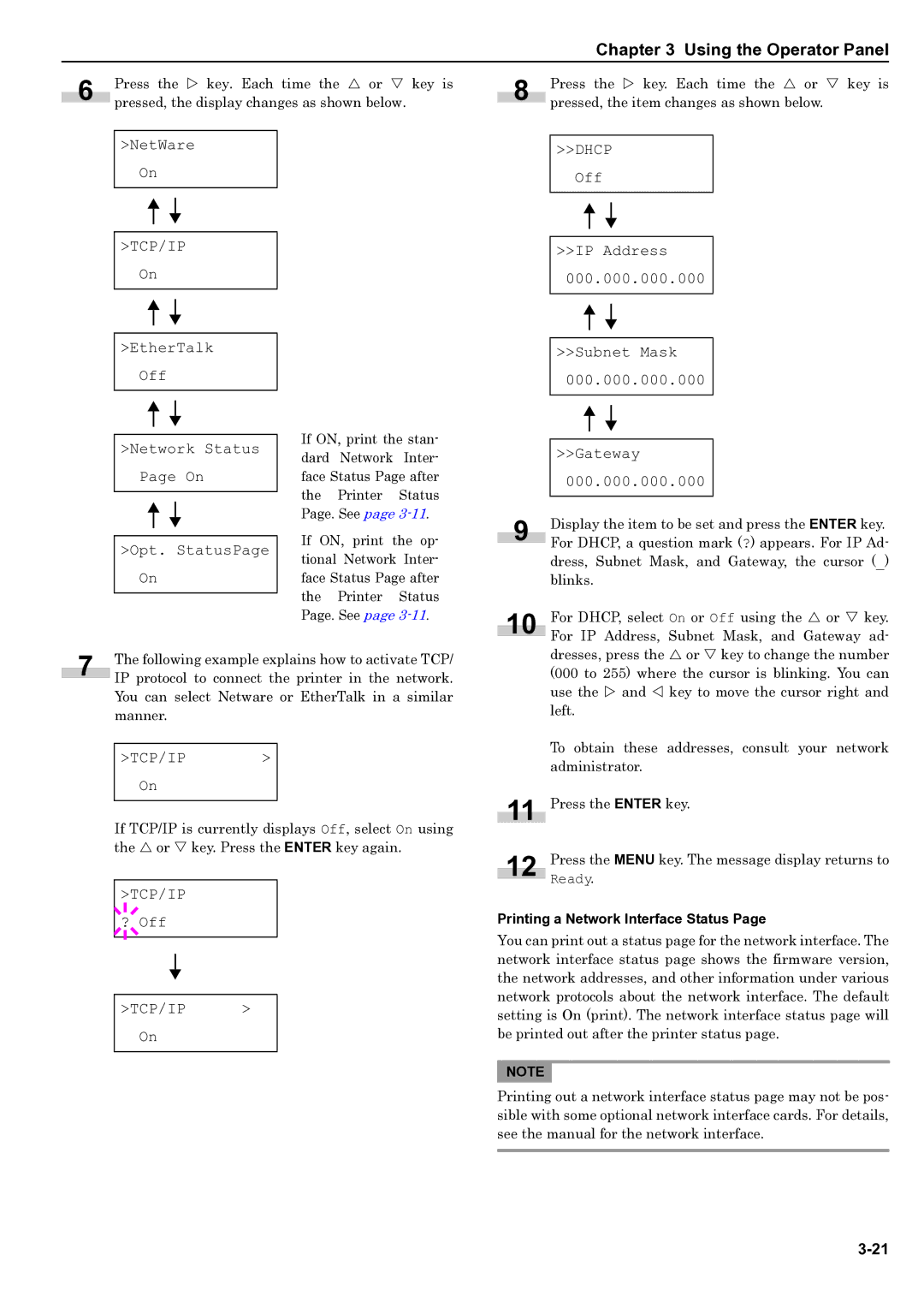 HP WP36/50 manual Dhcp Off IP Address Subnet Mask Gateway 000.000.000.000, ? Off, Printing a Network Interface Status 