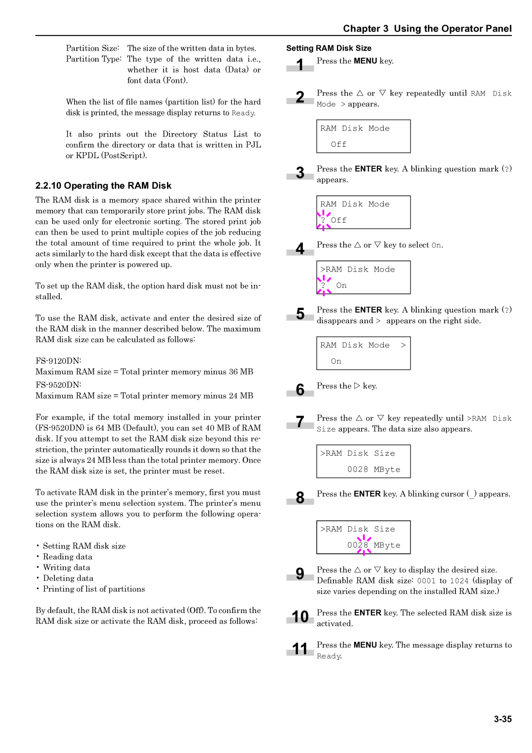 HP WP36/50 manual Operating the RAM Disk 