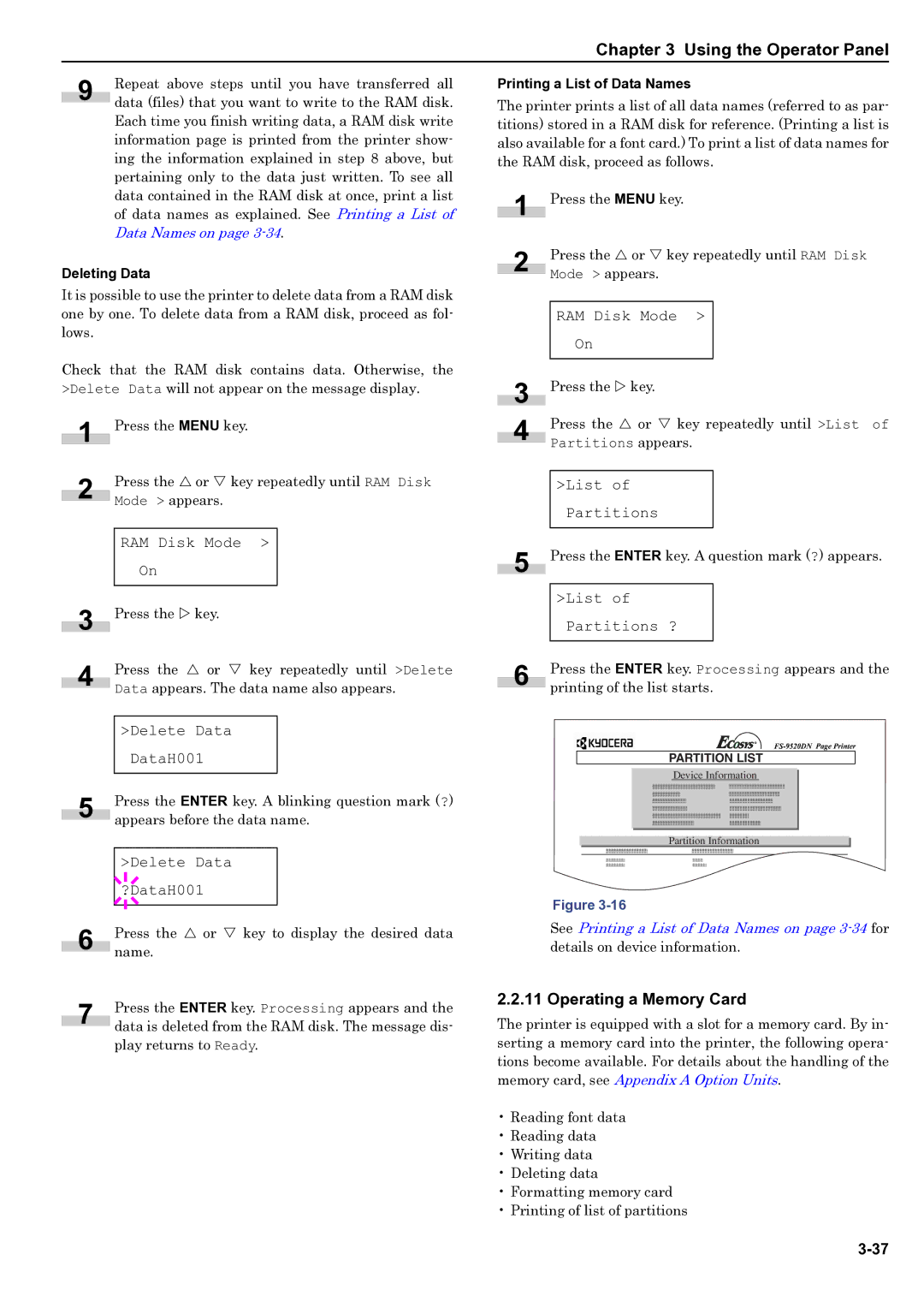 HP WP36/50 manual Operating a Memory Card, Deleting Data 