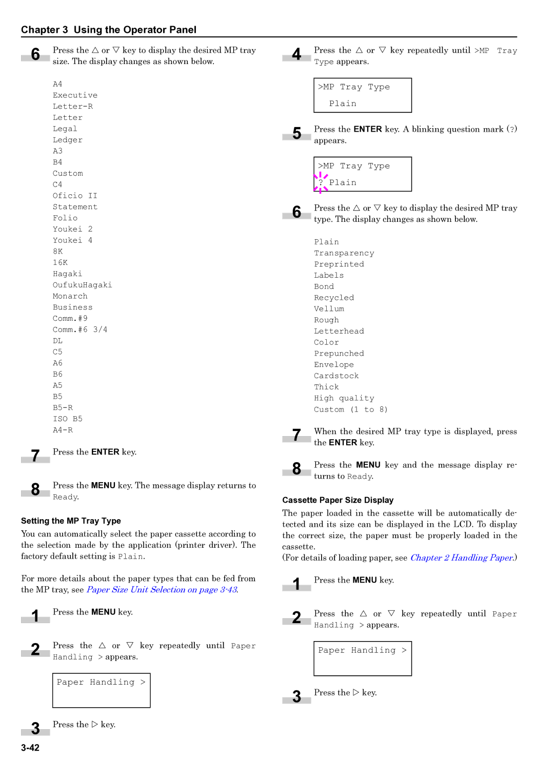 HP WP36/50 manual MP Tray Type Plain, MP Tray Type ? Plain, Setting the MP Tray Type, Cassette Paper Size Display 