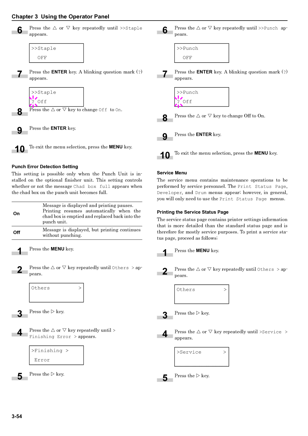 HP WP36/50 manual Staple ? Off, Punch ? Off, Service 