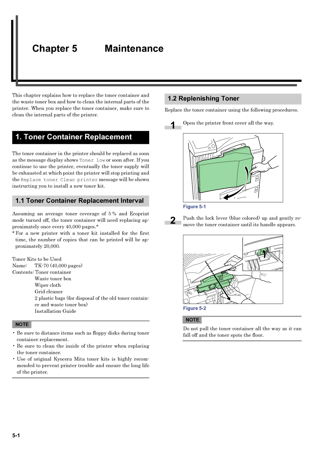 HP WP36/50 manual Chapter, Toner Container Replacement Interval, Replenishing Toner 