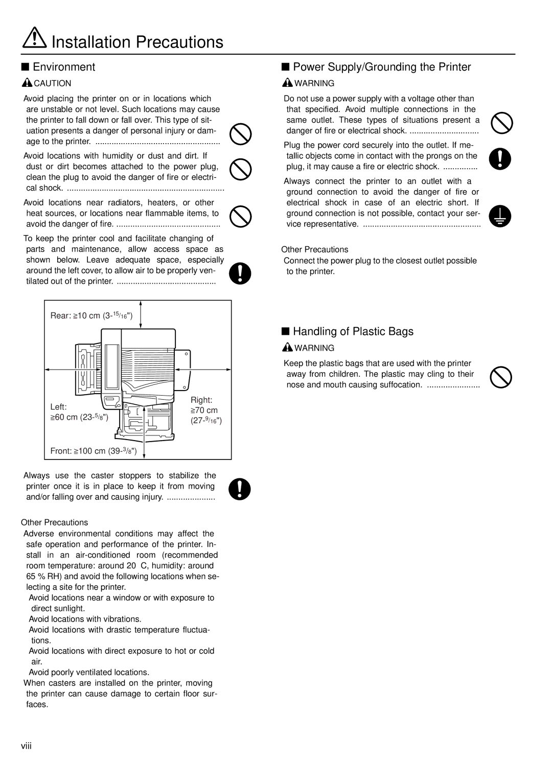 HP WP36/50 manual Installation Precautions, Environment, Power Supply/Grounding the Printer, Handling of Plastic Bags 