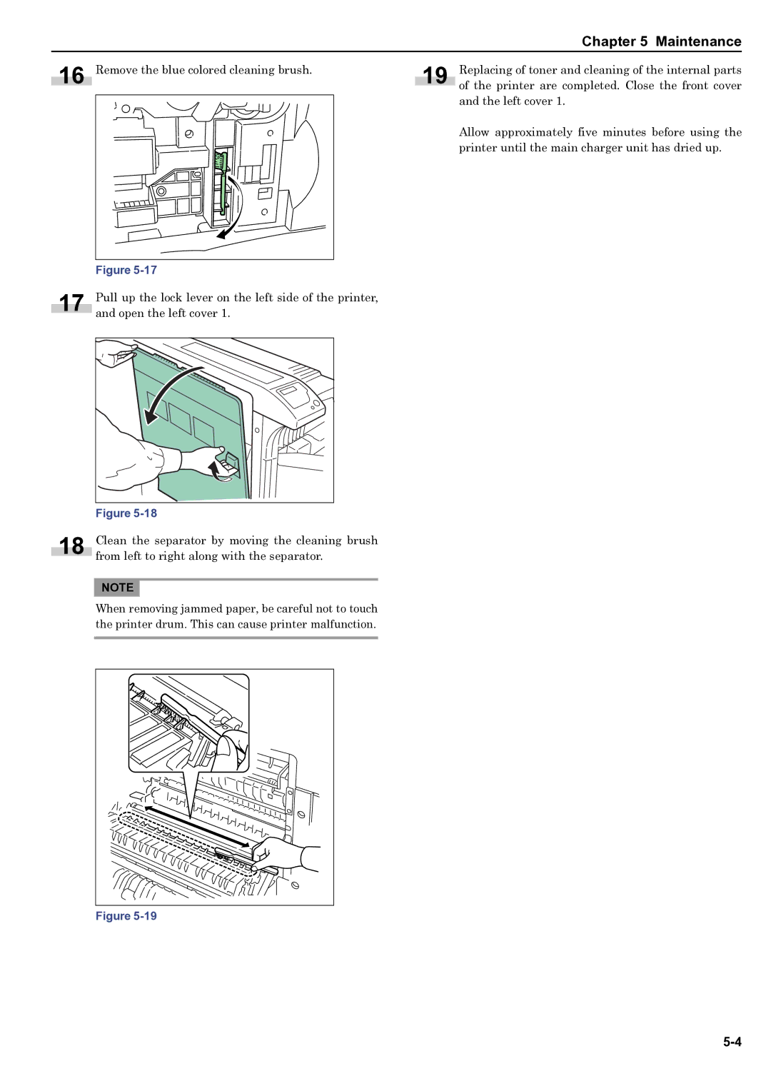 HP WP36/50 manual Replacing of toner and cleaning of the internal parts 