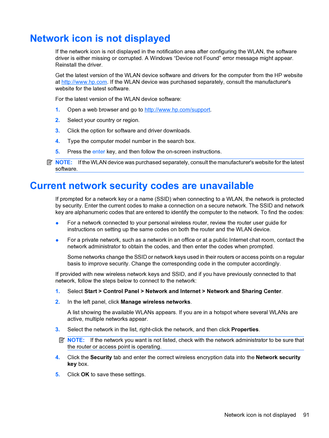 HP dm4 1060us, WQ861UA manual Network icon is not displayed, Current network security codes are unavailable 