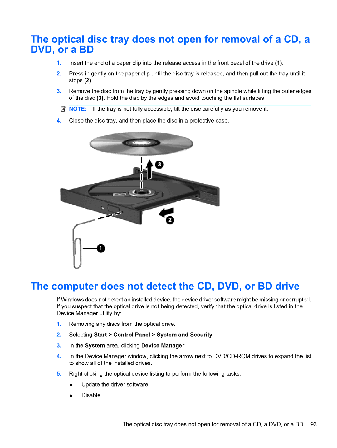 HP dm4 1060us manual Computer does not detect the CD, DVD, or BD drive, Selecting Start Control Panel System and Security 