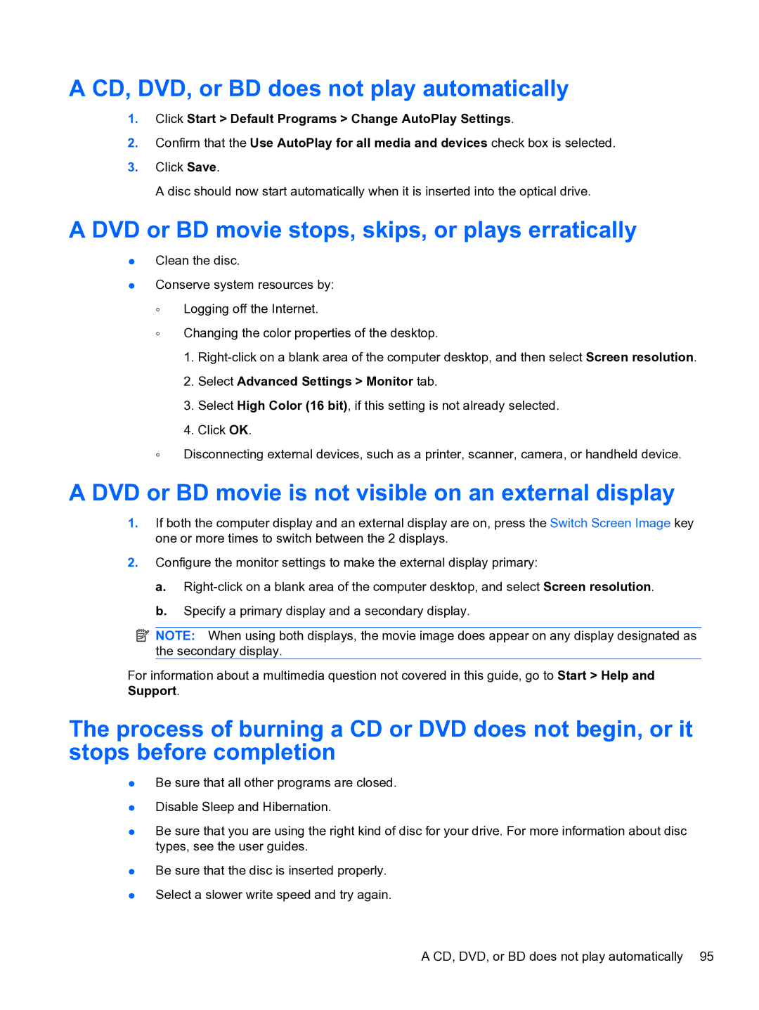 HP dm4 1060us, WQ861UA manual CD, DVD, or BD does not play automatically, DVD or BD movie stops, skips, or plays erratically 