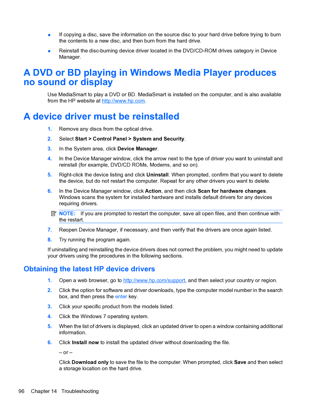 HP WQ861UA, dm4 1060us manual Obtaining the latest HP device drivers, Select Start Control Panel System and Security 