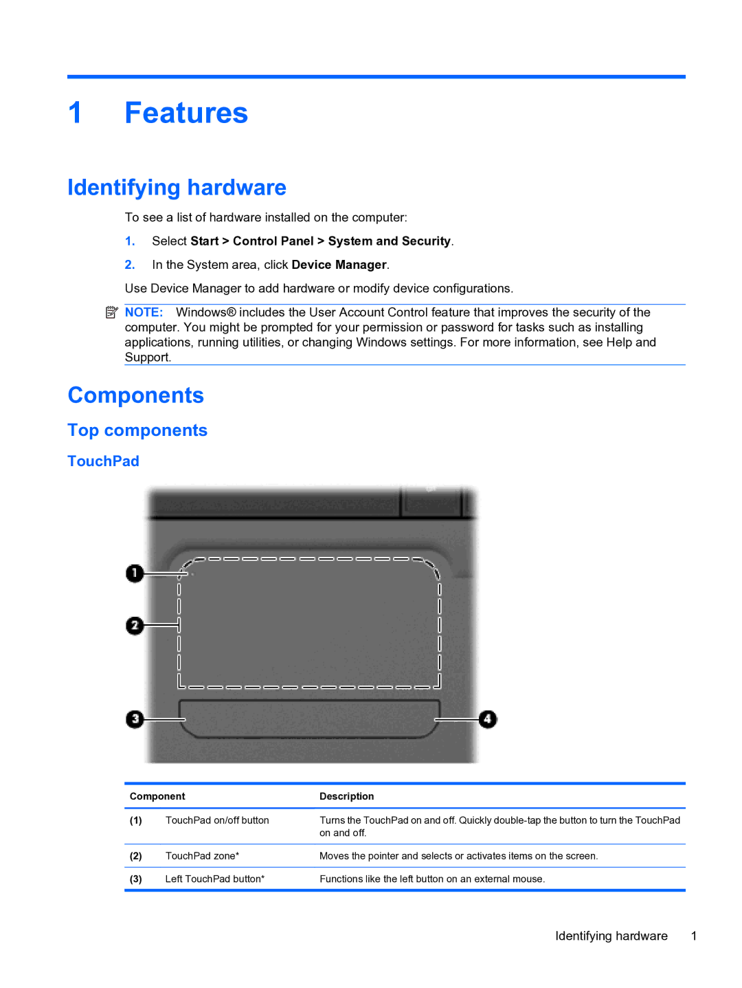 HP dm4 1060us, WQ861UA manual Features, Identifying hardware, Components, Top components, TouchPad 