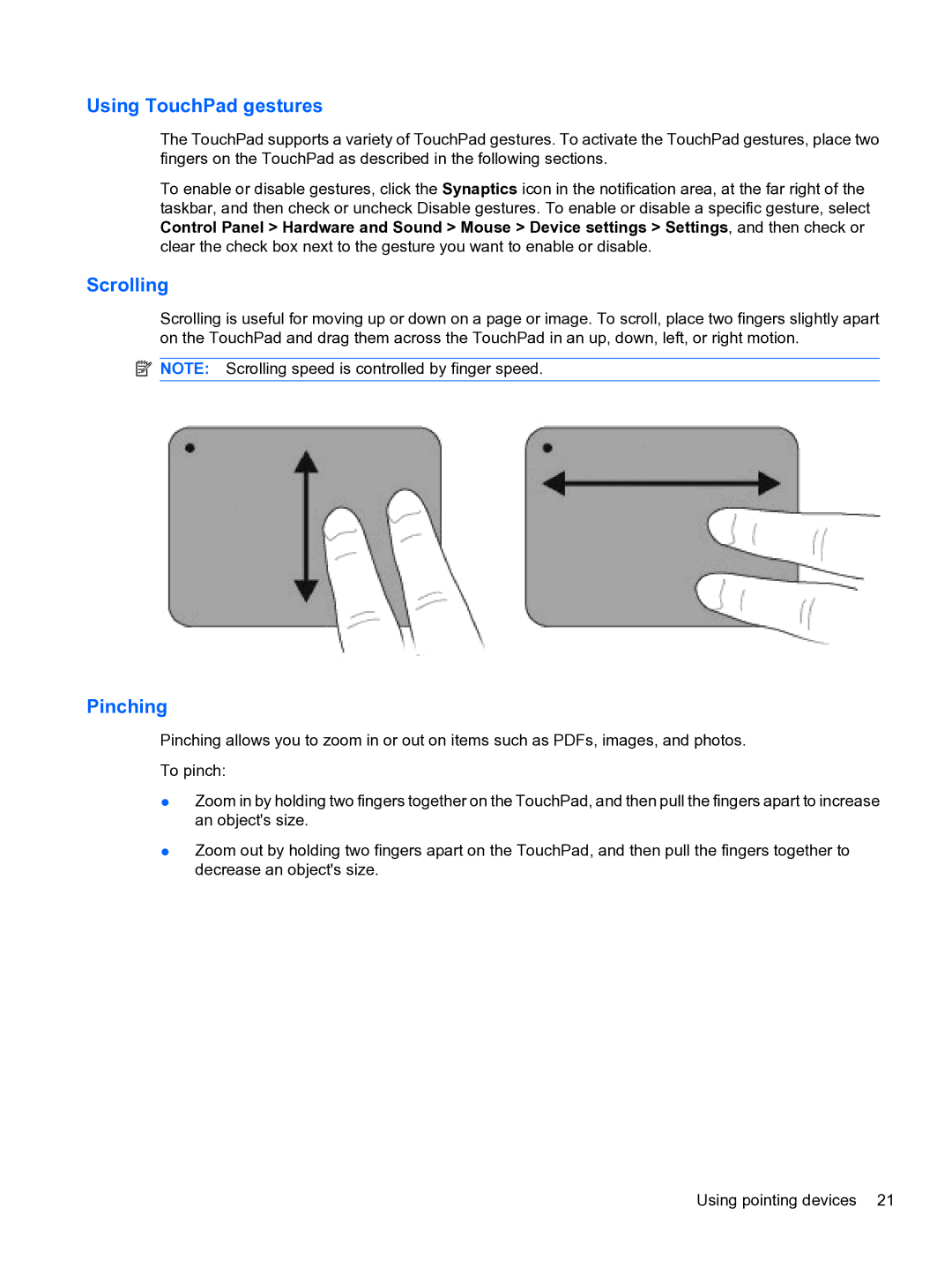 HP dm4 1060us, WQ861UA manual Using TouchPad gestures, Scrolling, Pinching 