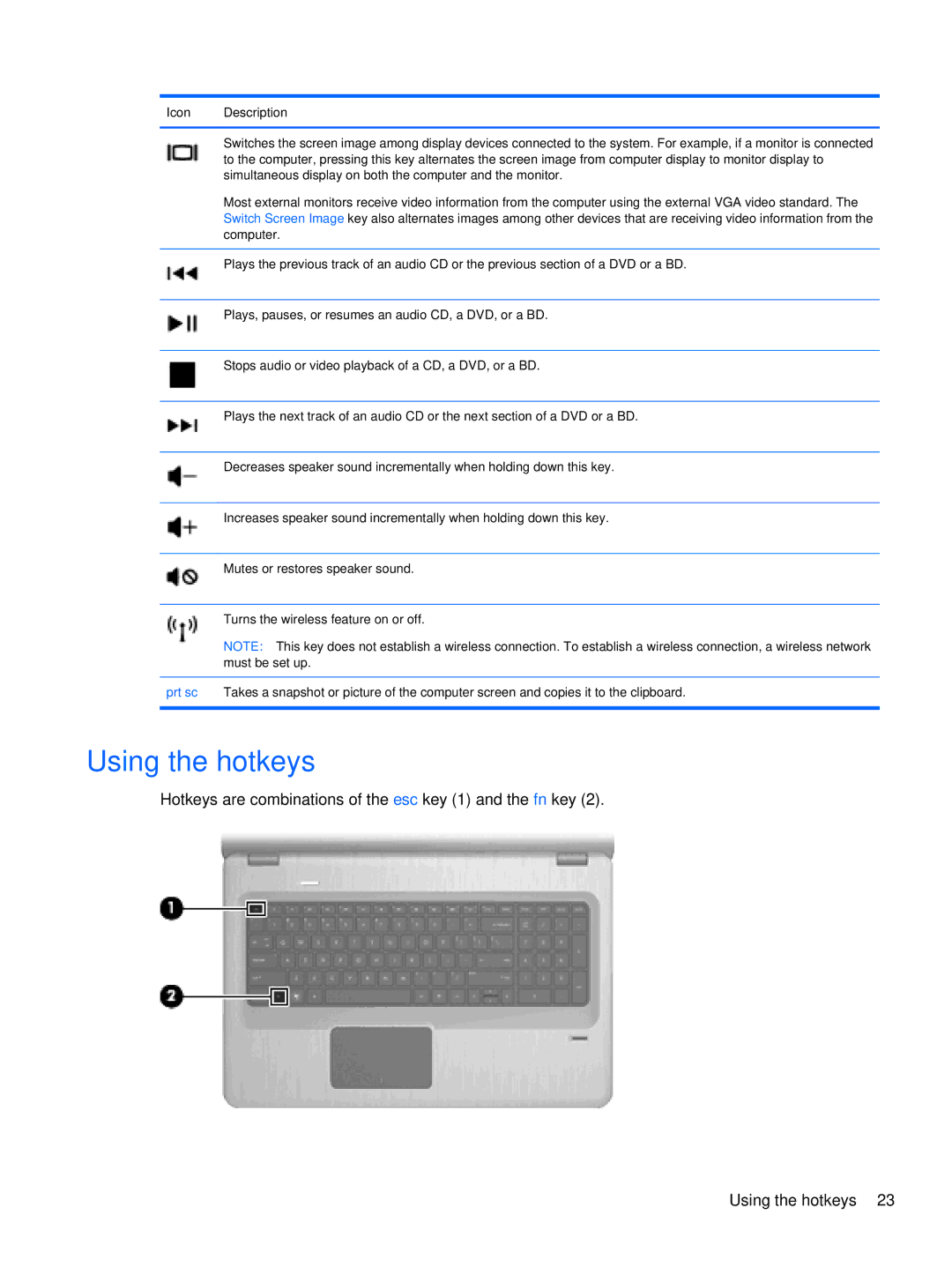 HP dm4 1060us, WQ861UA manual Using the hotkeys 