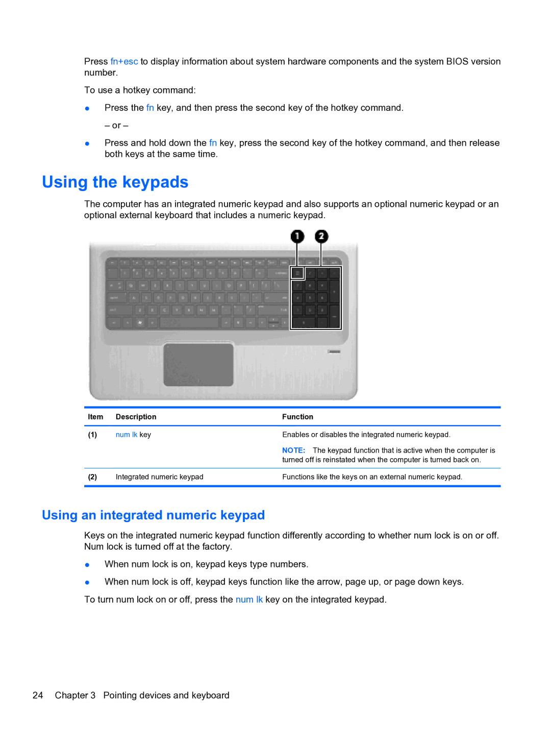 HP WQ861UA, dm4 1060us manual Using the keypads, Using an integrated numeric keypad 