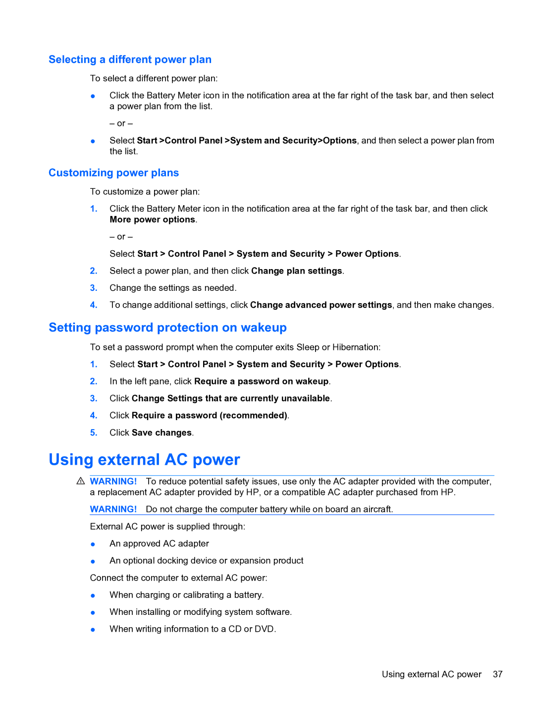 HP dm4 1060us, WQ861UA Using external AC power, Setting password protection on wakeup, Selecting a different power plan 